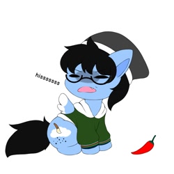 Size: 2000x2000 | Tagged: safe, artist:aleuoliver, artist:aleurajan, imported from derpibooru, oc, oc only, pegasus, pony, beanie, chibi, chili pepper, clothes, disgusted, glasses, hat, hissing, hoodie, pegasus oc, simple background, sitting, solo, two toned wings, white background, wings