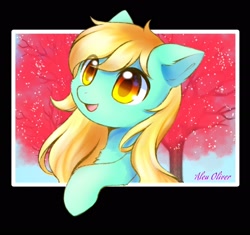 Size: 2100x1976 | Tagged: safe, artist:aleuoliver, artist:aleurajan, imported from derpibooru, oc, oc only, earth pony, pony, bust, earth pony oc, open mouth, outdoors, signature, smiling, solo, tree