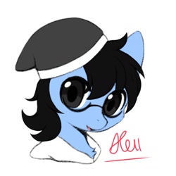 Size: 1241x1241 | Tagged: safe, artist:aleuoliver, artist:aleurajan, imported from derpibooru, oc, oc only, earth pony, pony, beanie, bust, clothes, earth pony oc, glasses, hat, signature, simple background, solo, white background