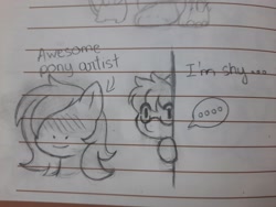 Size: 2048x1536 | Tagged: safe, artist:aleuoliver, artist:aleurajan, imported from derpibooru, oc, oc only, earth pony, pony, ..., duo, earth pony oc, glasses, hiding, lineart, lined paper, traditional art