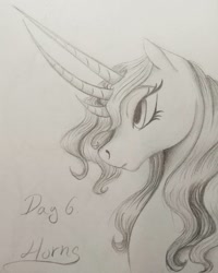Size: 1080x1350 | Tagged: safe, artist:pony_riart, imported from derpibooru, oc, oc only, pony, bust, eyelashes, grayscale, horn, horns, inktober 2020, monochrome, multiple horns, signature, traditional art, tricorn