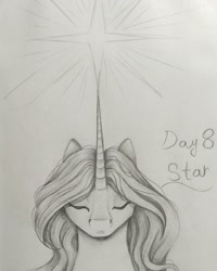 Size: 1080x1350 | Tagged: safe, artist:pony_riart, imported from derpibooru, oc, oc only, pony, unicorn, bust, eyes closed, grayscale, horn, inktober 2020, monochrome, stars, traditional art, unicorn oc