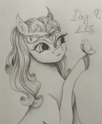 Size: 1080x1307 | Tagged: safe, artist:pony_riart, imported from derpibooru, oc, oc only, butterfly, earth pony, pony, bust, colored hooves, earth pony oc, eyelashes, female, grayscale, inktober 2020, mare, monochrome, raised hoof, traditional art