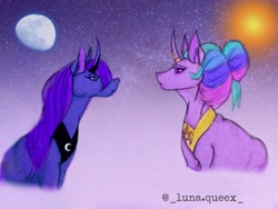 Size: 1080x810 | Tagged: safe, alternate version, artist:luna.queex, imported from derpibooru, princess celestia, princess luna, alicorn, pony, alternate hairstyle, bust, colored, curved horn, duo, female, hair bun, horn, mare, moon, night, peytral, siblings, sisters, sun