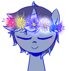 Size: 2752x2849 | Tagged: safe, artist:ce2438, imported from derpibooru, oc, oc only, oc:moonlight toccata, pony, unicorn, blushing, bust, cute, eyes closed, female, floral head wreath, flower, simple background, smiling, solo, transparent background