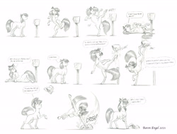 Size: 5925x4500 | Tagged: safe, artist:baron engel, imported from derpibooru, apple bloom, earth pony, bucket, crush, crushing, kicking, pencil drawing, speech bubble, traditional art