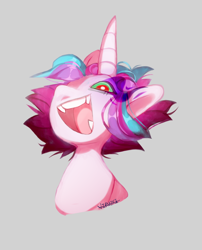 Size: 790x979 | Tagged: dead source, safe, artist:hazewl, artist:viruzki, imported from derpibooru, princess flurry heart, alicorn, pony, bust, dark magic, evil, evil flurry heart, fangs, female, laughing, magic, open mouth, portrait, simple background, solo, sombra eyes