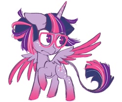 Size: 1107x926 | Tagged: safe, artist:lambyanxious, artist:lamianxious, imported from derpibooru, twilight sparkle, alicorn, pony, alternate design, colored wings, colored wingtips, frown, glasses, solo, spread wings, twilight sparkle (alicorn), wings