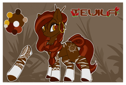 Size: 1966x1318 | Tagged: safe, artist:beardie, imported from derpibooru, oc, oc only, oc:teuila, hybrid, okapi, zony, braid, ear piercing, earring, female, hairsticks, jewelry, mare, necklace, piercing, quadrupedal, tail wrap, tattoo, zoomorphic