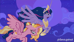 Size: 1920x1080 | Tagged: safe, artist:luna.queex, edit, edited screencap, imported from derpibooru, screencap, luster dawn, twilight sparkle, alicorn, pony, horse play, the last problem, alicornified, crown, duo, female, flying, frown, hoof shoes, horn, jewelry, lustercorn, mare, night, older, older twilight, outdoors, peytral, princess twilight 2.0, race swap, regalia, signature, twilight sparkle (alicorn), wings