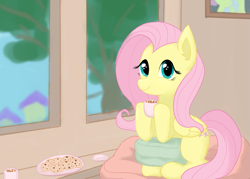 Size: 1603x1145 | Tagged: safe, artist:podiponi, imported from derpibooru, fluttershy, pegasus, pony, chocolate, chocolate chip cookie, chocolate chip cookies, cookie, cup, cushion, cute, female, folded wings, food, hoof hold, hot chocolate, indoors, looking at you, marshmallow, mug, shyabetes, sitting, smiling, solo, three quarter view, window, wings