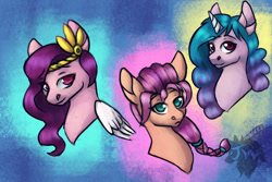 Size: 900x600 | Tagged: safe, artist:jazzwolfblaze, imported from derpibooru, izzy moonbow, pipp petals, sunny starscout, earth pony, pegasus, pony, unicorn, leak, spoiler:g5, bust, female, g5, izzy, mare, pipp, portrait, sunny, trio