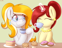 Size: 3000x2316 | Tagged: safe, artist:an-tonio, imported from derpibooru, oc, oc:golden brooch, oc:rita cloudy, pegasus, pony, unicorn, cake, cute, donut, drinking, female, food, magic, mother, muffin, ocbetes, telekinesis