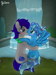 Size: 1600x2134 | Tagged: safe, artist:gutovi, imported from derpibooru, oc, oc only, oc:maverick, oc:ocean soul, earth pony, pegasus, pony, blushing, duo, female, kiss on the lips, kissing, male, oc x oc, shipping, show accurate, soulverick, straight, waterfall