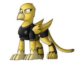 Size: 2800x2290 | Tagged: safe, artist:somber, imported from derpibooru, oc, oc only, oc:golden flash, griffon, fallout equestria, armor, colored, female, griffon oc, simple background, solo, transparent background