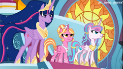 Size: 1920x1080 | Tagged: safe, artist:luna.queex, edit, edited screencap, imported from derpibooru, screencap, luster dawn, princess flurry heart, twilight sparkle, alicorn, pony, the ending of the end, the last problem, alicornified, crown, ethereal mane, female, frown, hoof shoes, horn, indoors, jewelry, lustercorn, mare, my little pony, older, older flurry heart, older twilight, peytral, princess twilight 2.0, race swap, regalia, starry mane, twilight sparkle (alicorn), wings