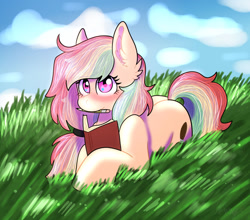 Size: 1280x1127 | Tagged: safe, artist:disphyxia, artist:yourpennypal, imported from derpibooru, oc, oc only, oc:doodle pen, earth pony, pony, book, ear fluff, female, grass, looking forward, lying down, mouth hold, pencil, prone, solo