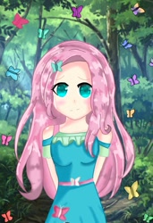 Size: 933x1361 | Tagged: safe, artist:flatterslay, imported from derpibooru, fluttershy, butterfly, human, equestria girls, blushing, breasts, busty fluttershy, cute, female, forest, humanized, shyabetes, solo