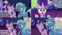 Size: 1280x720 | Tagged: safe, edit, edited screencap, editor:quoterific, imported from derpibooru, screencap, starlight glimmer, trixie, pony, unicorn, all bottled up, collage, duo, duo female, female, friendship throne, open mouth, solo, teeth, twilight's castle