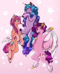 Size: 4952x6066 | Tagged: safe, artist:fountainstranger, imported from derpibooru, izzy moonbow, pipp petals, sunny starscout, earth pony, pegasus, pony, unicorn, leak, spoiler:g5, abstract background, adorapipp, cute, female, g5, hooves, izzy, mare, pipp, sunny, trio