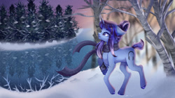 Size: 1280x720 | Tagged: safe, artist:justkattyo, artist:muna, imported from derpibooru, oc, oc only, pony, unicorn, clothes, female, forest, hooves, river, scarf, scenery, snow, solo, unshorn fetlocks