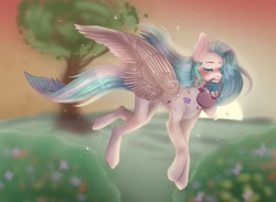Size: 1280x936 | Tagged: safe, artist:justkattyo, artist:muna, imported from derpibooru, oc, oc only, pegasus, pony, basket, eyes closed, female, flying, meadow, mouth hold, solo, tree