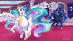 Size: 1920x1080 | Tagged: safe, artist:roundcorgi, imported from derpibooru, princess celestia, princess luna, alicorn, pony, angry, belly, big belly, butt, cake, cakelestia, canterlot castle, celestia is not amused, chubbylestia, crown, dialogue, ethereal mane, ethereal tail, fat, female, food, hoof shoes, indoors, jewelry, jiggle, large butt, mare, rear view, regalia, royal sisters, siblings, signature, sisters, starry mane, stomach noise, sunbutt, teasing, the ass was fat, this will end in tears and/or a journey to the moon, unamused, underhoof, walking, weight gain