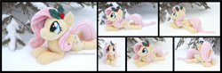 Size: 5340x1754 | Tagged: safe, artist:peruserofpieces, imported from derpibooru, fluttershy, pegasus, pony, beanie (plushie), cute, female, happy, holly, irl, looking at you, lying down, mare, photo, plushie, prone, shyabetes, smiling, smiling at you, snow, solo, sploot, tree, wings