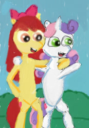 Size: 1024x1484 | Tagged: safe, artist:kaykeyser, imported from derpibooru, apple bloom, sweetie belle, earth pony, pony, unicorn, 1000 hours in ms paint, bipedal, female, lesbian, shipping, solo, sweetiebloom