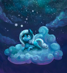 Size: 1500x1647 | Tagged: safe, artist:gor1ck, artist:nemo2d, imported from derpibooru, oc, oc only, oc:snowdrop, pegasus, pony, cloud, collaboration, female, filly, night, on a cloud, snow, snowfall, snowflake, solo, winter