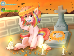 Size: 4006x3004 | Tagged: safe, artist:littlepoisonella, artist:monsethewogon, imported from derpibooru, oc, oc only, pony, candle, cempasúchil, dia de los muertos, female, floral head wreath, flower, grave, hooves, solo, tomb
