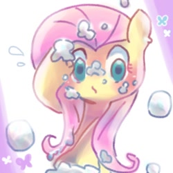 Size: 768x768 | Tagged: safe, artist:tomizawa96, imported from derpibooru, fluttershy, pegasus, pony, blushing, bust, cute, portrait, shyabetes, soap, soap bubble, solo