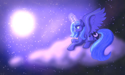 Size: 1280x768 | Tagged: safe, artist:disphyxia, artist:yourpennypal, imported from derpibooru, princess luna, alicorn, pony, cloud, female, full moon, glowing horn, horn, lying down, moon, night, night sky, prone, s1 luna, shooting star, sky, solo