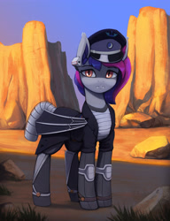 Size: 3177x4138 | Tagged: safe, artist:mrscroup, imported from derpibooru, imported from ponybooru, oc, oc only, oc:galaxy rose, bat pony, pony, comic:fallout equestria: seeds of hope, comic:seeds of hope, fallout equestria, bat pony oc, bat wings, clothes, female, looking at you, mare, new lunar republic, scenery, shade, solo, wings