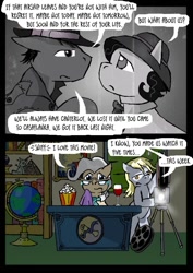 Size: 600x848 | Tagged: safe, artist:owlor, imported from derpibooru, derpy hooves, mayor mare, earth pony, pegasus, pony, bipedal, camera, casablanca, duo, duo female, female, film, film projector, food, from the desk of mayor mare, glass, globe, male, ponified, popcorn, wine glass