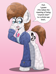 Size: 2900x3800 | Tagged: safe, artist:aarondrawsarts, imported from derpibooru, oc, oc only, oc:brain teaser, crystal pony, earth pony, pony, clothes, commission, commissioner:reversalmushroom, crystallized, dialogue, dock, earth pony oc, glasses, suit