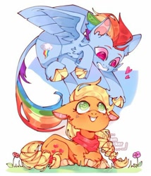 Size: 540x631 | Tagged: source needed, safe, artist:tamtucker, imported from derpibooru, applejack, rainbow dash, earth pony, pegasus, pony, appledash, cloven hooves, cute, dashabetes, female, floppy ears, heart, heart eyes, jackabetes, leonine tail, lesbian, looking at each other, lying down, missing accessory, pounce, prone, red scarf, shipping, spread wings, sweet dreams fuel, wingding eyes, wings