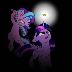 Size: 900x900 | Tagged: safe, artist:slamjam, imported from derpibooru, starlight glimmer, twilight sparkle, alicorn, pony, unicorn, floppy ears, imminent death, magic, sword, this will end in death, twilight sparkle (alicorn), weapon