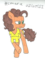 Size: 844x1091 | Tagged: safe, artist:cmara, imported from derpibooru, cheese sandwich, earth pony, pony, clothes, male, raised hoof, shirt, simple background, smug, solo, stallion, traditional art, white background