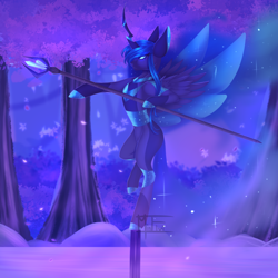 Size: 2000x2000 | Tagged: safe, artist:minelvi, imported from derpibooru, oc, oc only, alicorn, pony, alicorn oc, balancing, bipedal, commission, horn, not luna, outdoors, signature, solo, staff, tree, wings, ych result