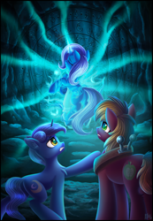 Size: 2100x3028 | Tagged: safe, artist:atlas-66, imported from derpibooru, big macintosh, night light, trixie, earth pony, unicorn, fanfic:the empty room, cave, magic, male, stallion, wanderer d