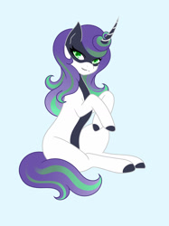 Size: 1280x1708 | Tagged: safe, artist:ocean-drop, imported from derpibooru, oc, oc only, oc:masquerade mask, changepony, hybrid, pony, blue background, interspecies offspring, magical lesbian spawn, offspring, parent:queen chrysalis, parent:rarity, parents:rarilis, simple background, sitting, solo