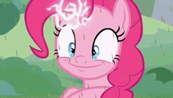 Size: 640x360 | Tagged: safe, imported from ponybooru, screencap, pinkie pie, earth pony, pony, the ending of the end, chocolate, chocolate rain, derp, electricity, female, food, rain, smiling, smiling at you, solo