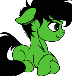 Size: 399x418 | Tagged: artist needed, safe, colorist:rautamiekka, editor:rautamiekka, imported from derpibooru, oc, oc only, oc:colt anon, earth pony, pony, /mlp/, adoranon, black mane, black outlines, colored, colt, crossed hooves, crossed legs, cute, ear fluff, floppy ears, green coat, green eyes, male, missing cutie mark, monochrome, simple background, small resolution, smiling, solo