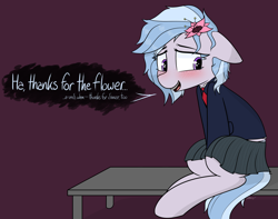 Size: 3000x2364 | Tagged: safe, artist:pinkberry, imported from ponybooru, oc, oc:winter azure, clothes, colt, dialogue, femboy, flower, flower in hair, girly, jacket, male, school uniform, skirt, solo, speech, talking, text, trap