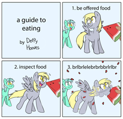 Size: 1280x1239 | Tagged: safe, artist:2k.bugbytes, edit, imported from ponybooru, derpy hooves, lyra heartstrings, pegasus, pony, unicorn, a guide to eating, comic, food, watermelon