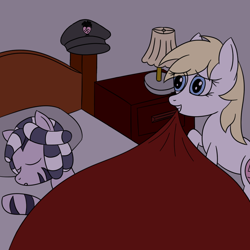 Size: 800x800 | Tagged: safe, alternate version, artist:everfreeemergencies, imported from ponybooru, oc, oc only, oc:aryanne, oc:zala, earth pony, pony, zebra, afrika korps, bed, blanket, duo, eye clipping through hair, female, filly, hat, mare, mouth hold, nazi, nazipone, pillow, raised hoof, raised leg, sleeping