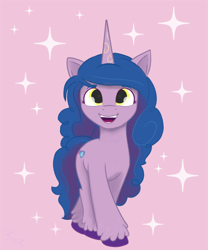 Size: 1500x1802 | Tagged: safe, artist:chopsticks, imported from derpibooru, pony, unicorn, spoiler:g5, description is relevant, female, g5, izzy, looking at you, mare, open mouth, solo, style emulation, unshorn fetlocks