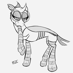Size: 4000x4000 | Tagged: safe, artist:evan555alpha, imported from ponybooru, oc, oc only, oc:yvette (evan555alpha), changeling, biting, changeling oc, clothes, dorsal fin, evan's daily buggo, fangs, female, glasses, grabbing, in mouth, lidded eyes, ponybooru exclusive, pulling, raised hoof, raised leg, round glasses, signature, simple background, sketch, socks, solo, striped socks, white background