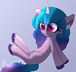 Size: 1024x968 | Tagged: safe, artist:windykirin, imported from derpibooru, pony, unicorn, leak, spoiler:g5, female, g5, gradient background, hooves, izzy, leaning back, solo